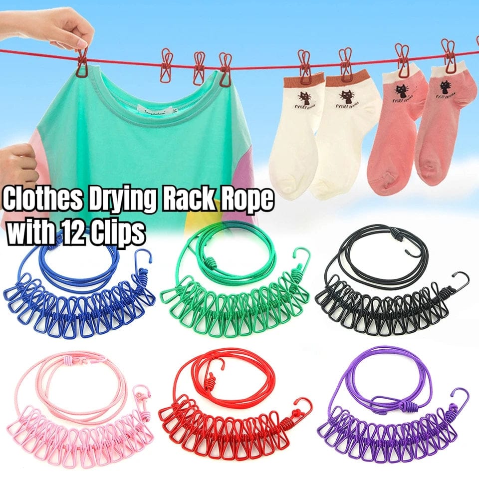 Portable Clothlesine Rope With 12 Clips