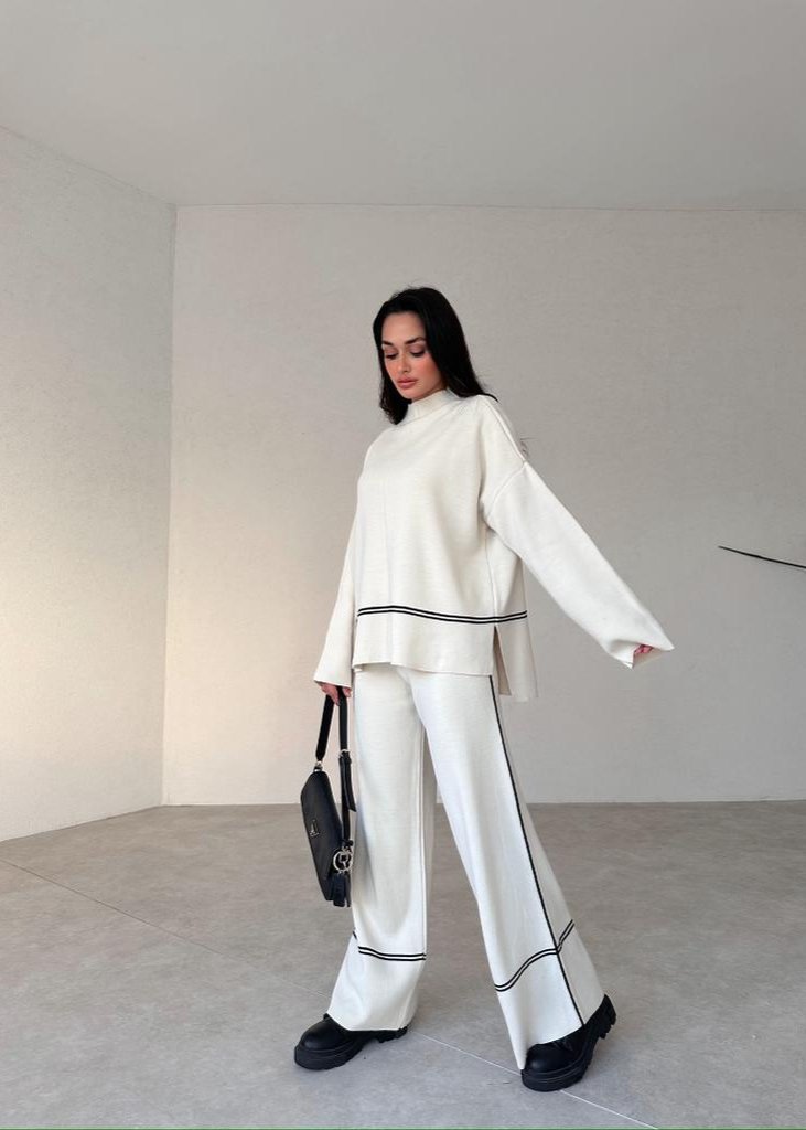 PANELLED SUIT LONG SLEEVE TURTLENECK TOP WIDE LEG PANTS