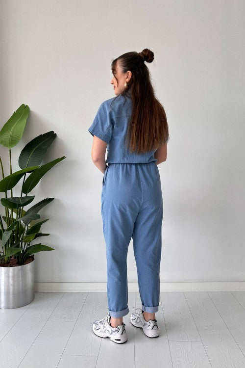 Short Sleeve Denim Overalls Blue