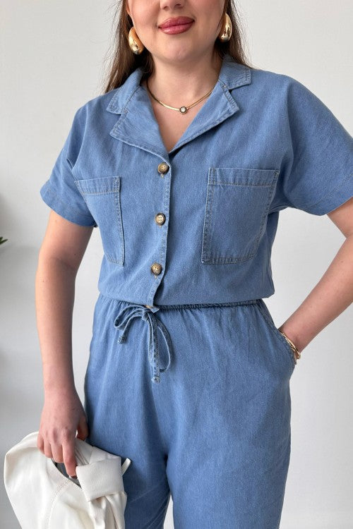 Short Sleeve Denim Overalls Blue