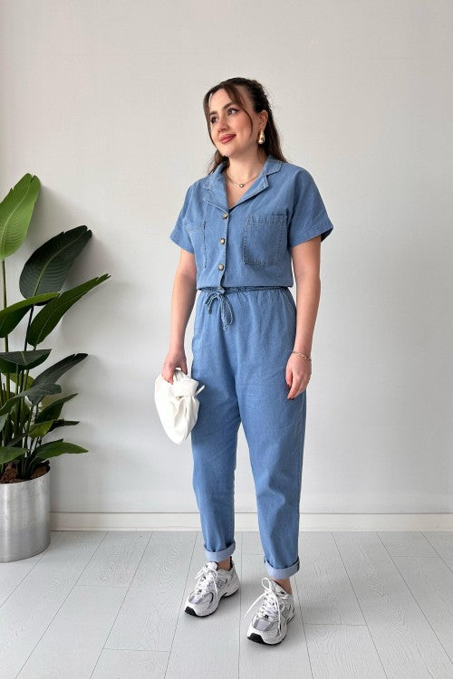 Short Sleeve Denim Overalls Blue