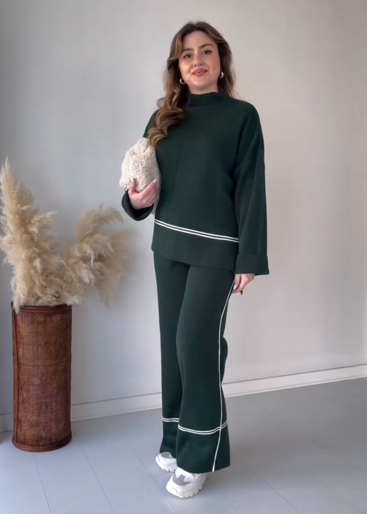 PANELLED SUIT LONG SLEEVE TURTLENECK TOP WIDE LEG PANTS