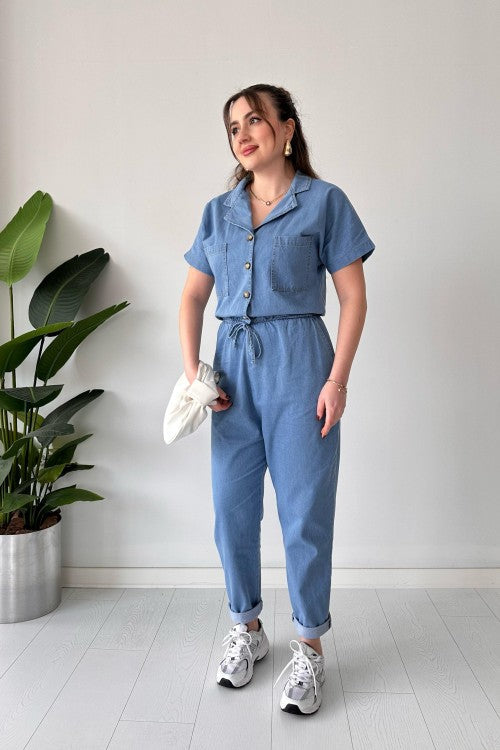 Short Sleeve Denim Overalls Blue